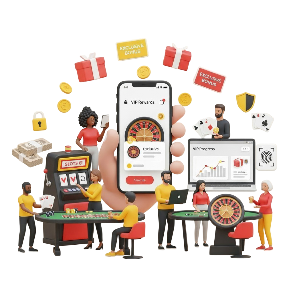 Ilustração 3D mostrando diversas pessoas interagindo com jogos de cassino online, como roleta e caça-níqueis, em volta de um celular gigante que exibe um programa de recompensas VIP.