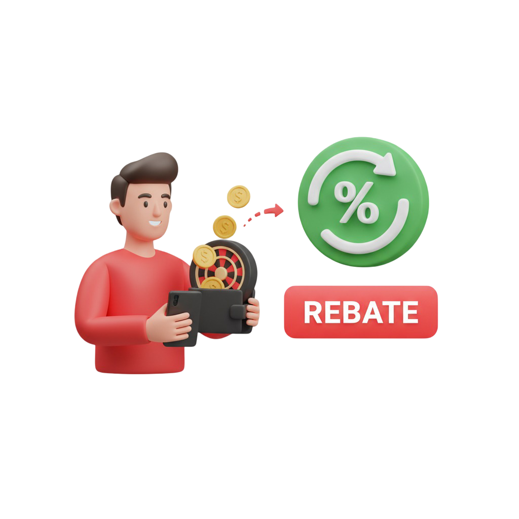 Ilustração de um homem recebendo moedas de uma máquina e apontando para um grande ícone de porcentagem com a palavra'Rebate', explicando o programa de dinheiro de volta da Royal VIP.