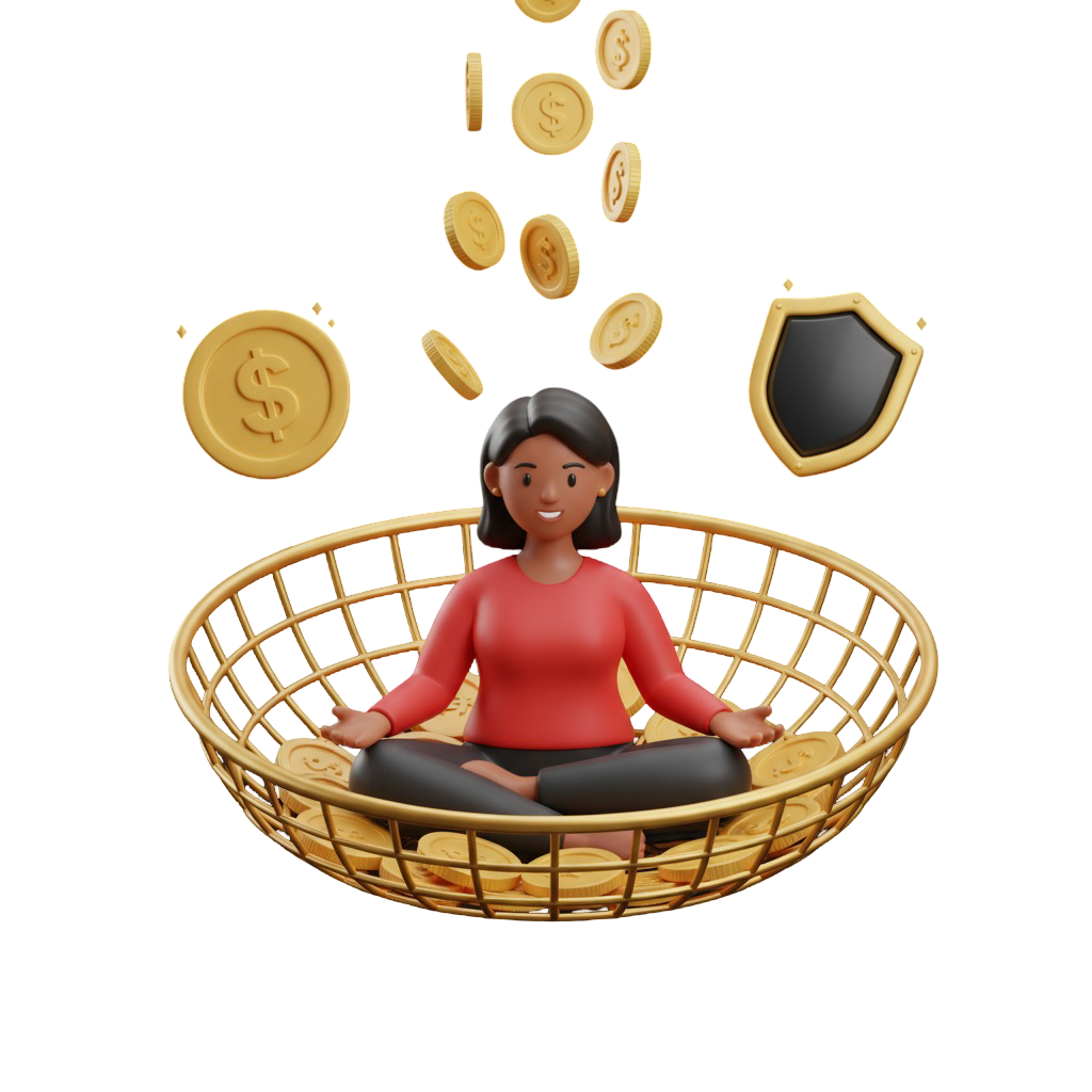 Mulher de animação 3D sentada em uma cesta dourada sendo protegida por um escudo enquanto moedas de ouro caem, simbolizando o fundo de alívio e cashback por perdas da Royal VIP.