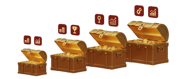 Quatro baús de tesouro abertos e cheios de moedas de ouro, de tamanhos crescentes da esquerda para a direita, simbolizando os bônus e promoções progressivas por depósito na Royal VIP.