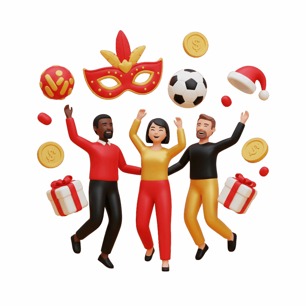 Grupo de três amigos comemorando animadamente, rodeados por ícones de eventos sazonais como máscara de Carnaval, bola de futebol, gorro de Natal e presentes.