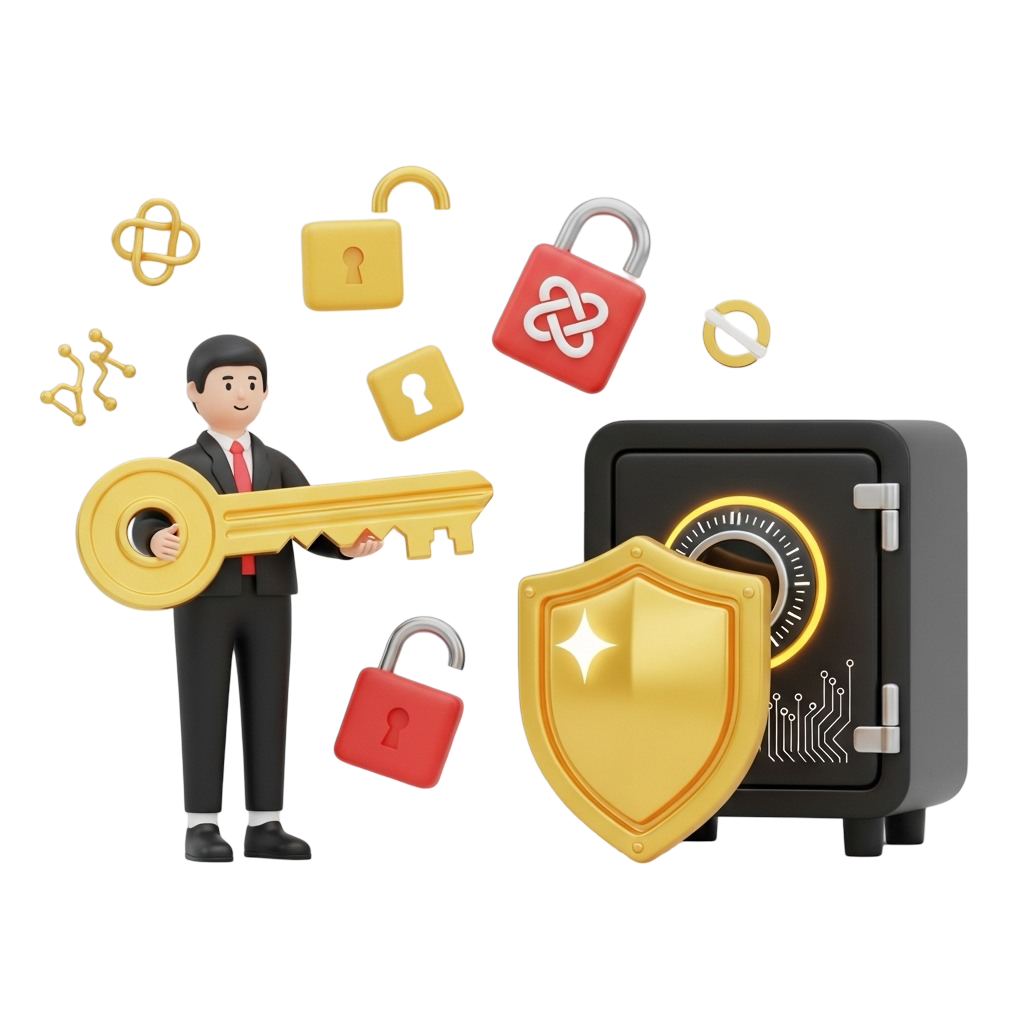 Empresário segurando uma chave dourada gigante ao lado de um cofre protegido por um escudo, com ícones de cadeados ao redor, representando a segurança e proteção de dados pessoais.