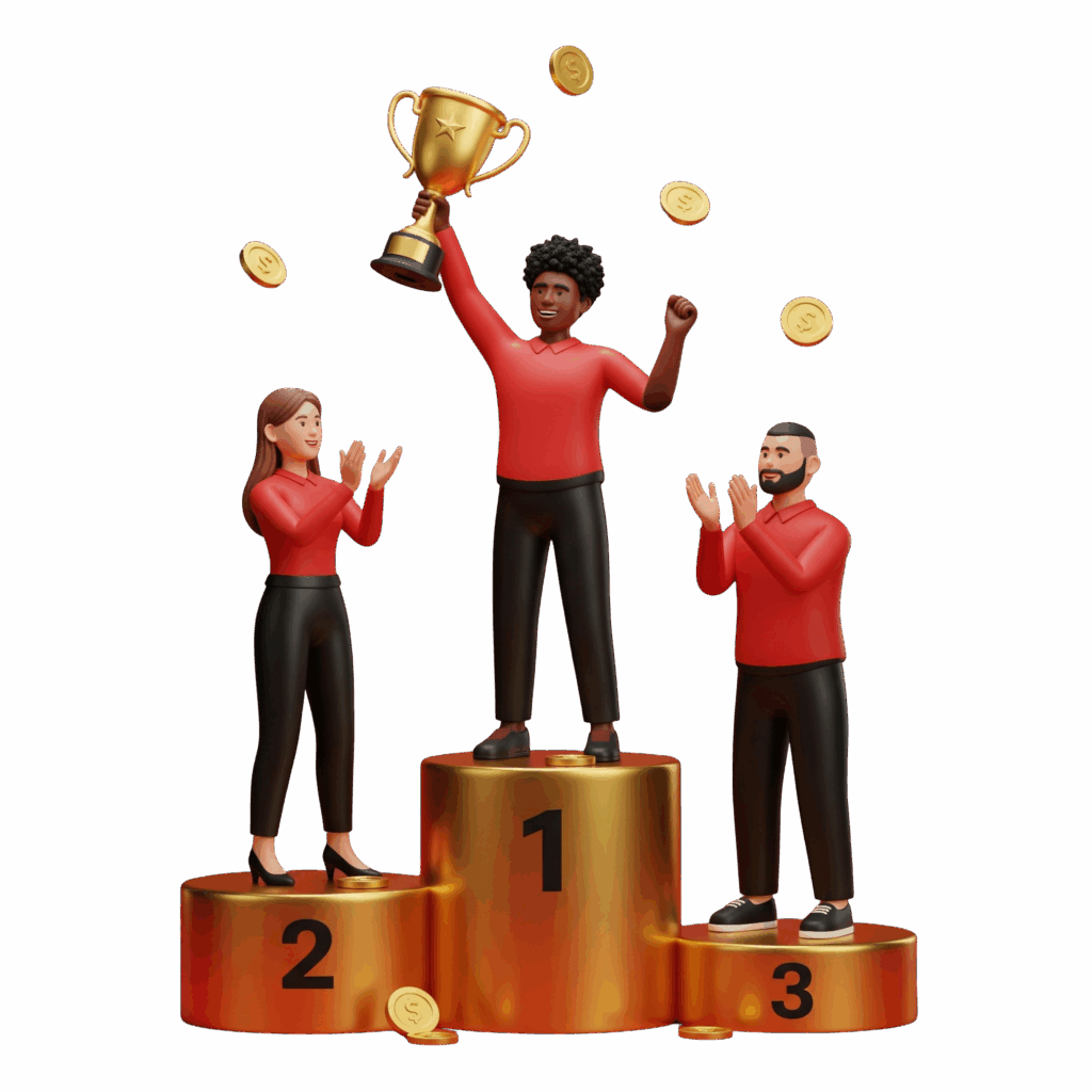 Três jogadores em um pódio de premiação, com o vencedor no primeiro lugar levantando um troféu dourado, representando os rankings competitivos diários da Royal VIP.