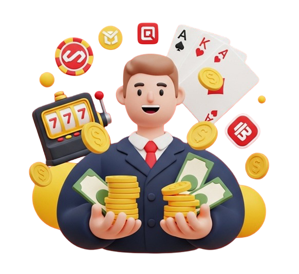 Homem de terno sorrindo e segurando pilhas de moedas e notas, cercado por elementos de jogos de cassino como cartas de baralho e caça-níqueis, simbolizando o benefício do rebate ou cashback.