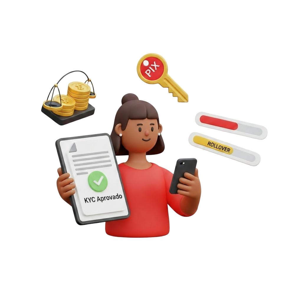 Ilustração 3D com uma mulher ao lado de um documento'KYC Aprovado', cercada por ícones de chave PIX, dinheiro e barras de progresso de rollover, representando os pré-requisitos para sacar na Royal VIP