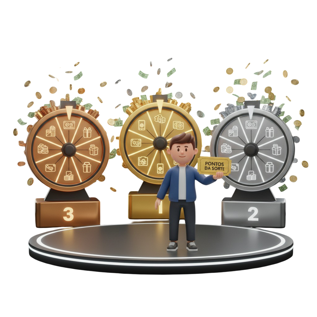 Personagem 3D em um pódio segurando um bilhete de'Pontos da Sorte' na frente de três roletas de prêmios - bronze, ouro e prata - que representam diferentes níveis de recompensas.