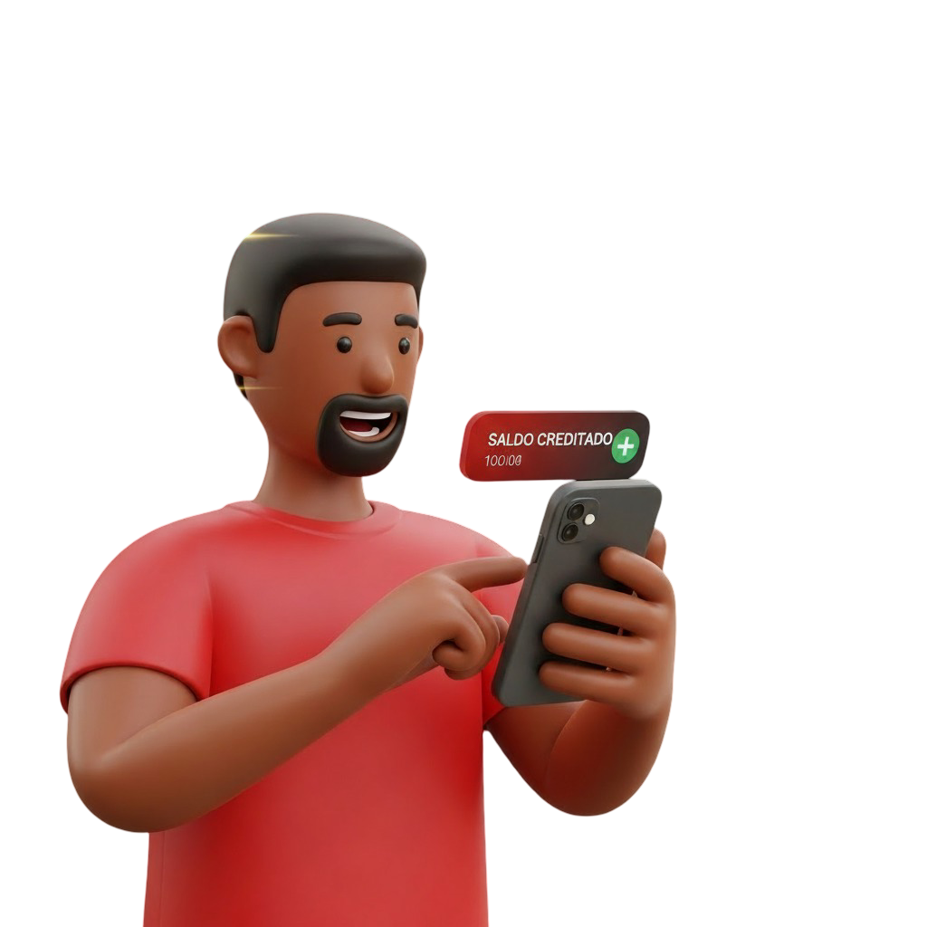 "Homem negro sorrindo ao olhar para o seu celular, de onde sai uma notificação de'SALDO CREDITADO', simbolizando o recebimento rápido dos ganhos sacados da Royal VIP.