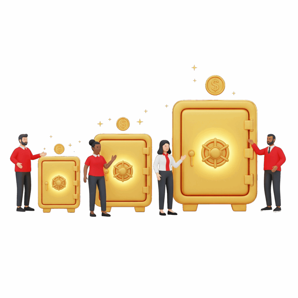 Grupo de quatro pessoas ao lado de uma sequência de quatro cofres dourados de tamanhos crescentes, ilustrando os bônus progressivos de depósito da Royal VIP.