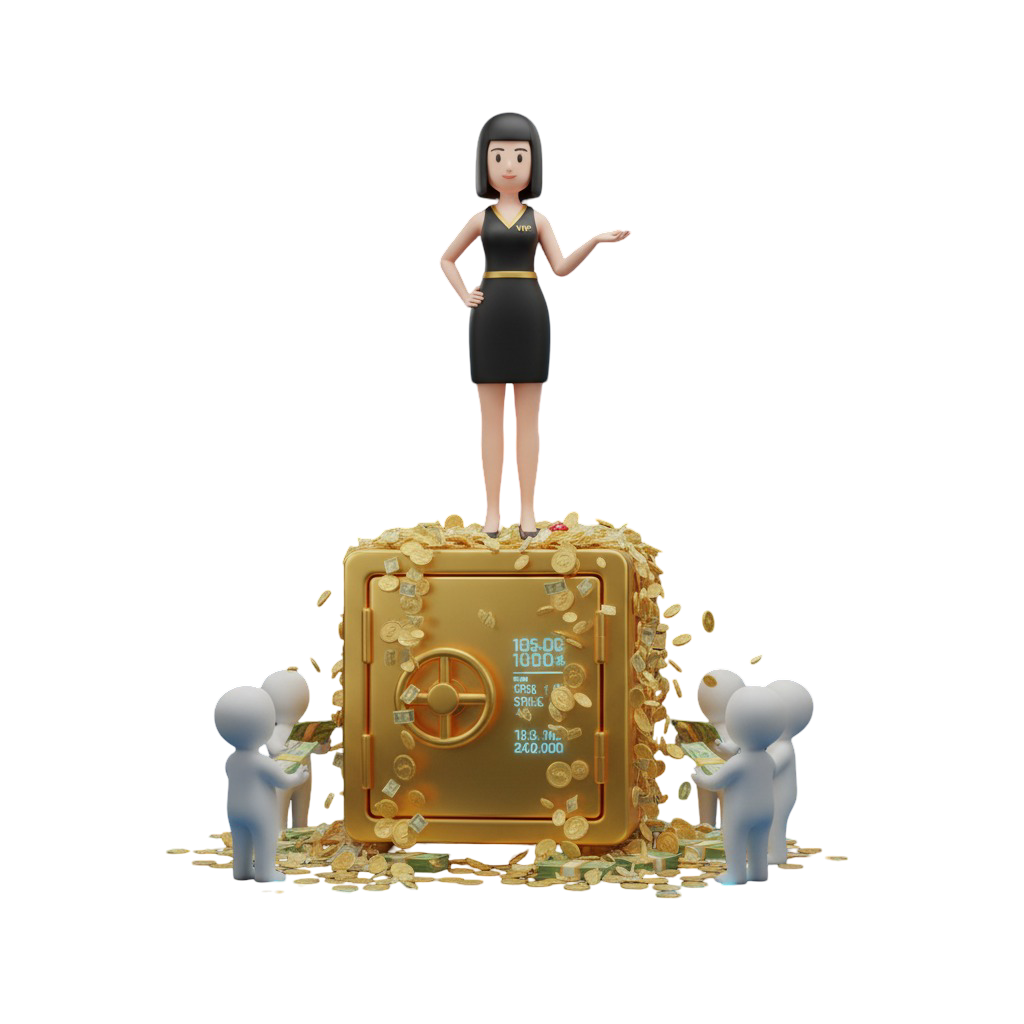 Mulher com a identificação VIP em cima de um cofre dourado transbordando dinheiro, enquanto uma rede de agentes abaixo contribui com mais lucros, ilustrando o modelo de comissão do sistema de agentes.