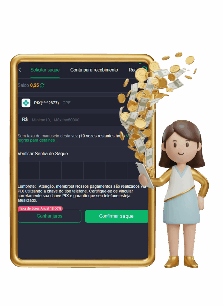 Mulher sorridente ao lado de um celular que exibe a tela de solicitação de saque de um cassino online, com a opção de retirada via PIX e um fluxo de dinheiro saindo do aparelho.