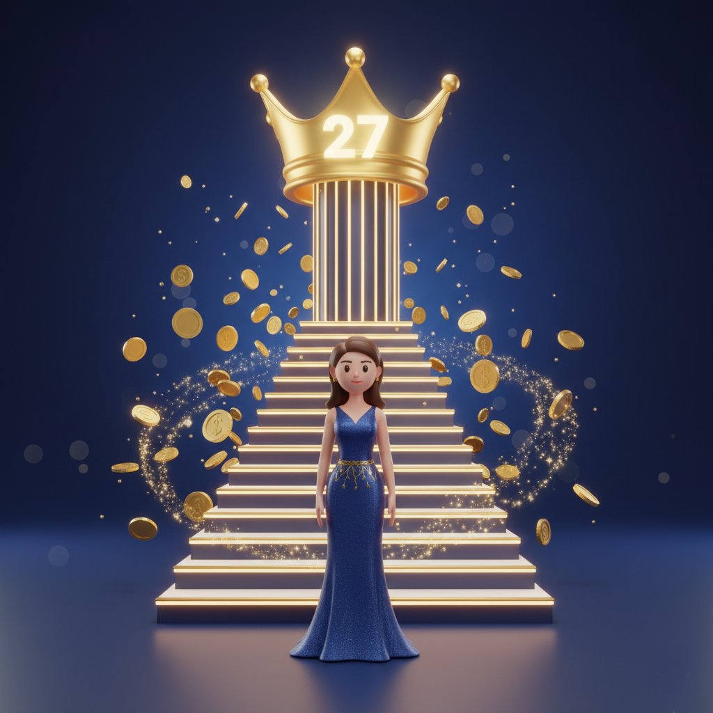 Mulher em um vestido de gala no topo de uma escadaria dourada, com uma coroa gigante acima dela simbolizando a conquista de um novo nível no programa de bônus VIP do cassino.