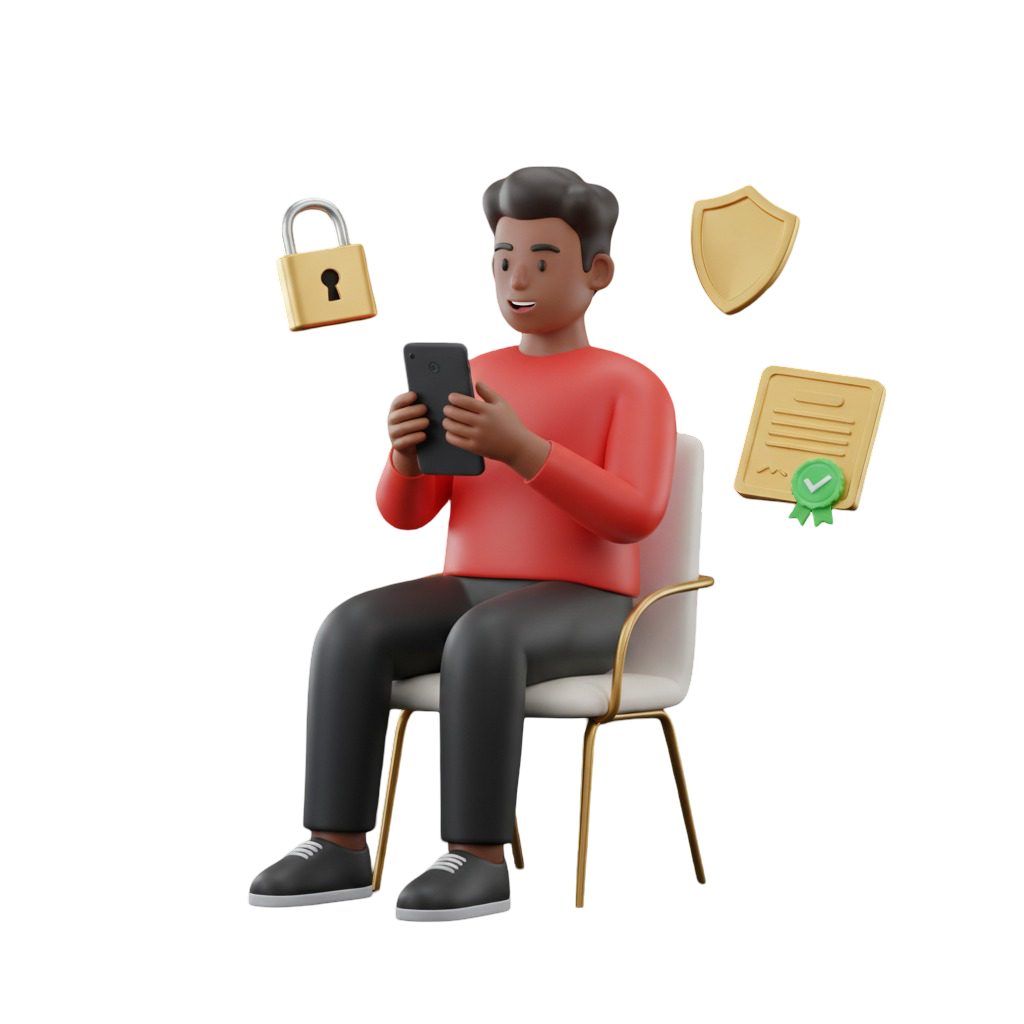 Homem negro sentado e sorrindo enquanto utiliza seu smartphone com segurança. A cena é cercada por ícones 3D que representam proteção digital: um cadeado dourado, um escudo e um certificado de segurança, ilustrando um ambiente online seguro e a proteção de dados do usuário.