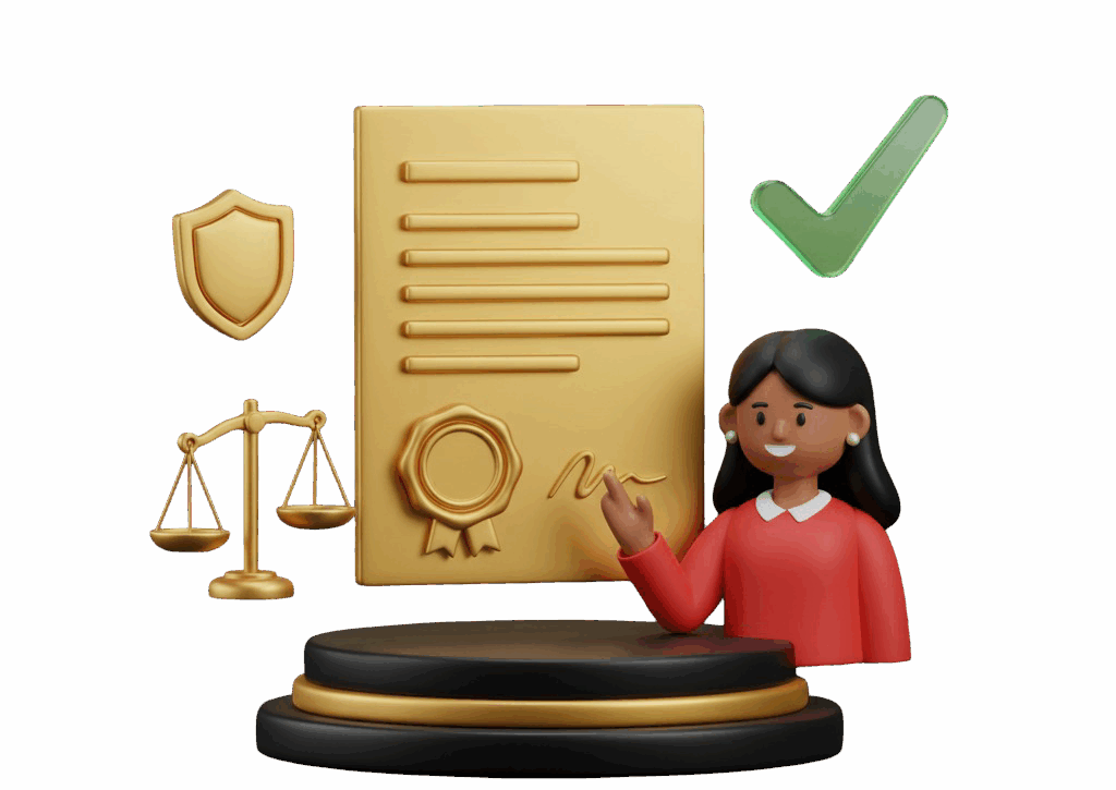 Ilustração 3D de uma mulher especialista em direito, sorrindo ao assinar um documento dourado, simbolizando a validação de um contrato ou certificado. Ao redor, ícones da balança da justiça, um escudo de segurança e um selo de aprovação verde reforçam o conceito de conformidade legal e segurança.