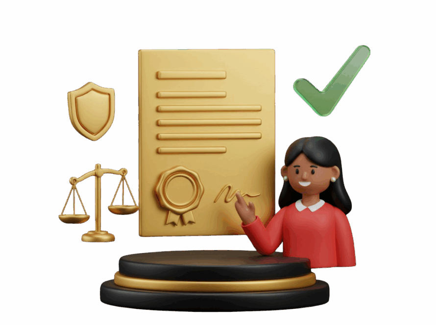 Ilustração 3D de uma mulher especialista em direito, sorrindo ao assinar um documento dourado, simbolizando a validação de um contrato ou certificado. Ao redor, ícones da balança da justiça, um escudo de segurança e um selo de aprovação verde reforçam o conceito de conformidade legal e segurança.