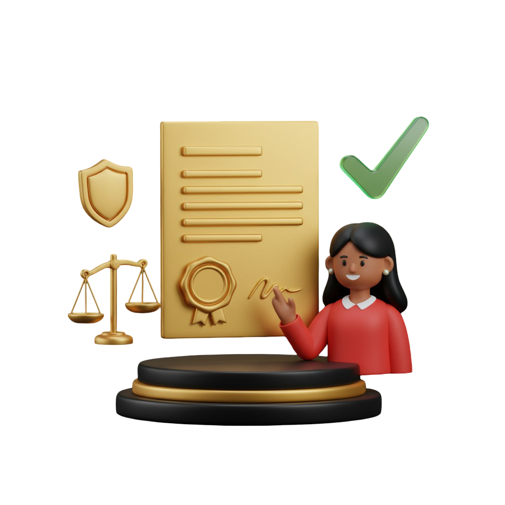 Ilustração 3D de uma mulher especialista em direito, sorrindo ao assinar um documento dourado, simbolizando a validação de um contrato ou certificado. Ao redor, ícones da balança da justiça, um escudo de segurança e um selo de aprovação verde reforçam o conceito de conformidade legal e segurança.