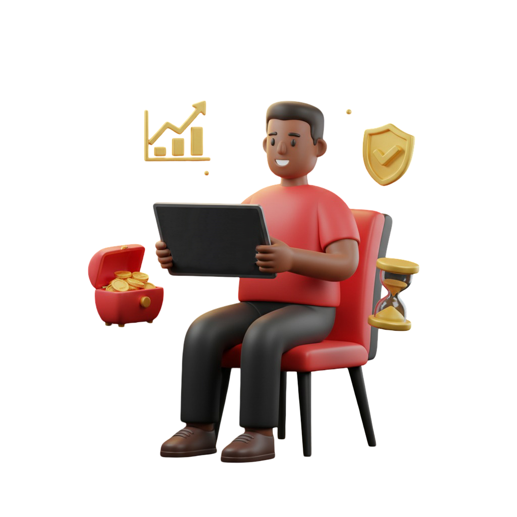 Ilustração 3D de homem negro sorridente segurando tablet com comparação de RTP de jogos, cercado por ícones de gráfico de crescimento, cofre com moedas, escudo e ampulheta, simbolizando estratégia, ganhos, segurança e gestão de banca.