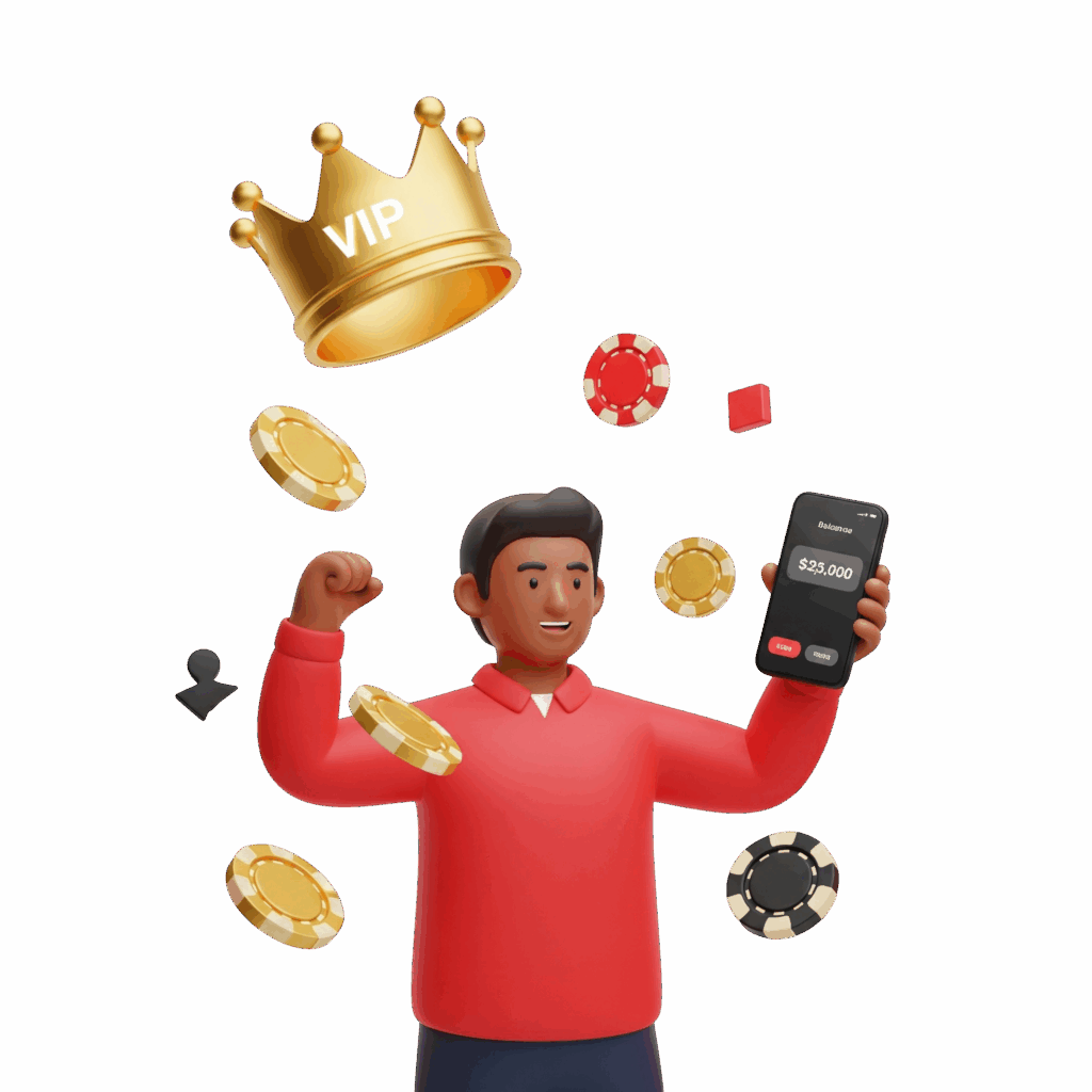 Homem negro celebrando seu status de membro VIP, com uma grande coroa dourada flutuando sobre sua cabeça e um celular exibindo um saldo alto, simbolizando o sucesso e a vantagem competitiva na Royal VIP.