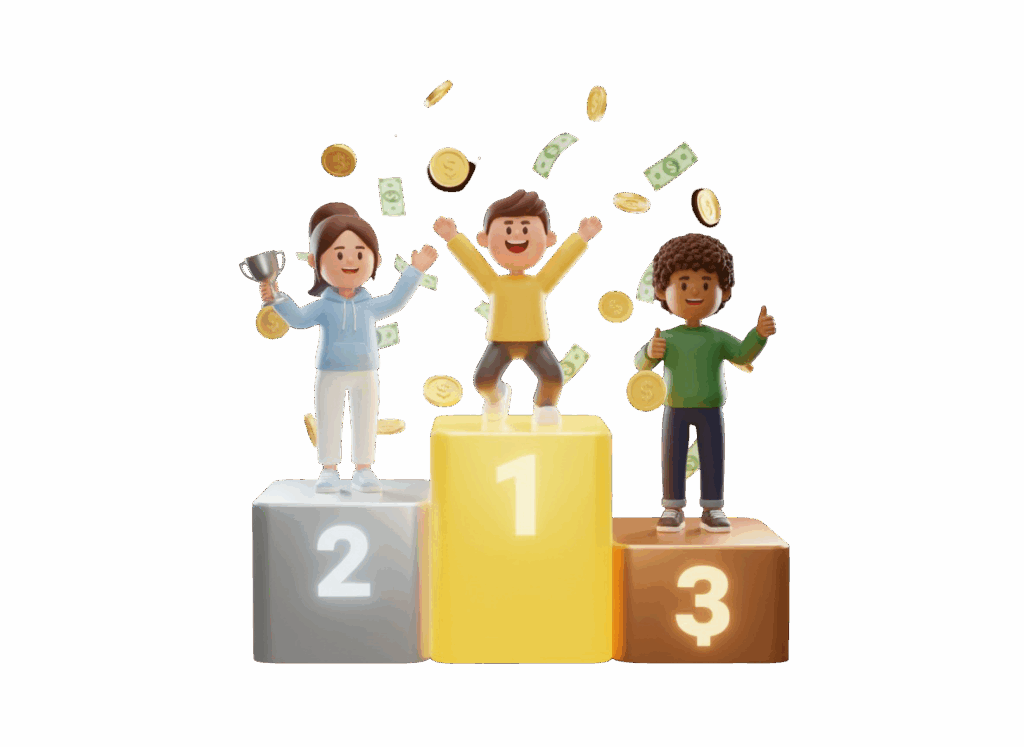Três personagens felizes em um pódio de primeiro, segundo e terceiro lugar, comemorando suas posições no ranking semanal enquanto dinheiro e moedas caem ao redor.