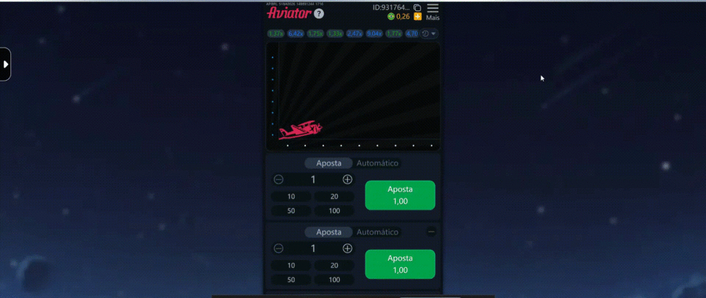 Painel de apostas do jogo Aviator no Royal Casino, mostrando botões de aposta e a opção de fazer dois palpites simultâneos.