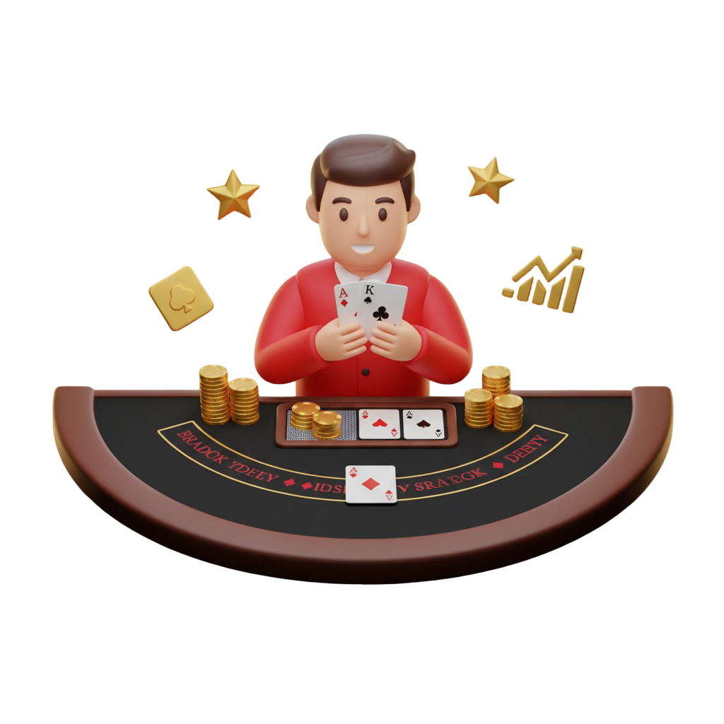 Ilustração 3D de mesa de blackjack preta e dourada com cartas (Ás e Rei na mão do jogador), fichas e um jogador masculino sorrindo. Ícones de estrela e gráfico flutuam, simbolizando sorte e estratégia no jogo.)