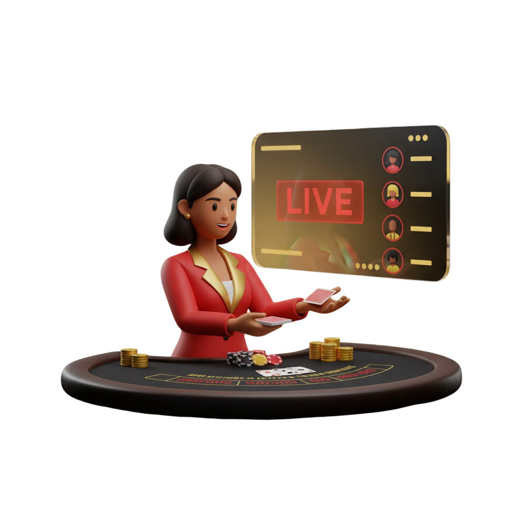 Uma dealer profissional sorrindo em uma mesa de blackjack online ao vivo, pronta para distribuir as cartas.