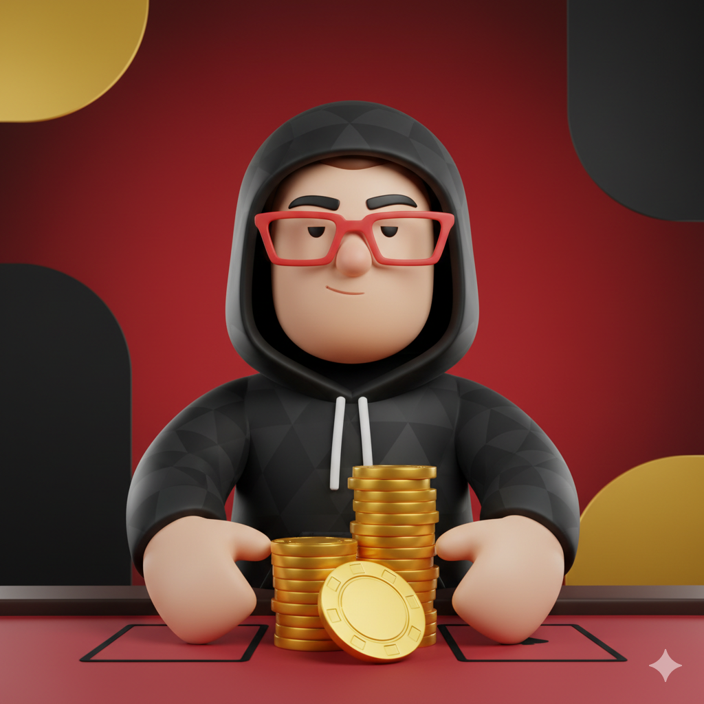 Jogador de Texas Hold em blefando em mesa online, estilo cartoonesco 3D minimalista.