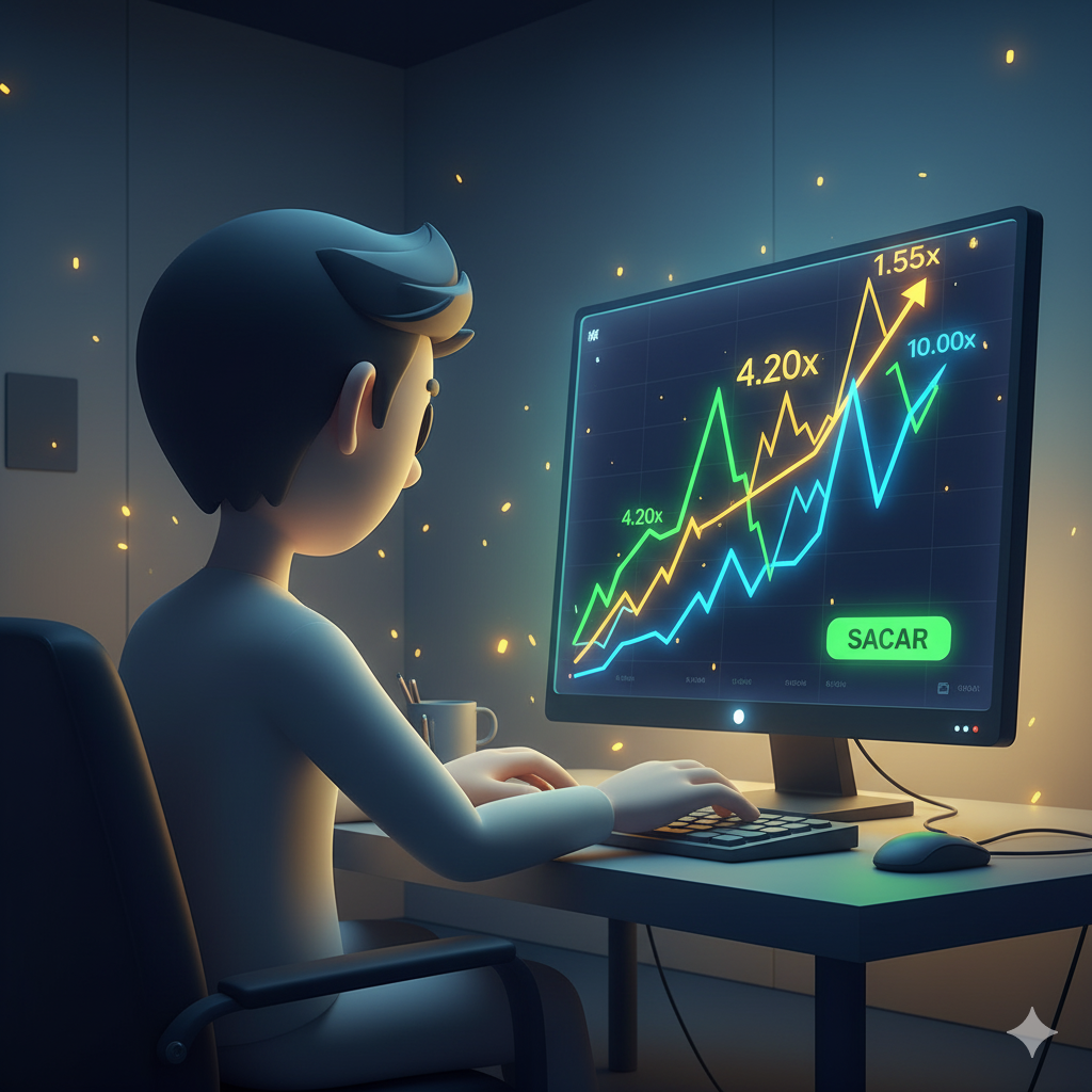 Jogador concentrado, planejando sua estratégia de apostas em um jogo de crash online no Royal Casino.