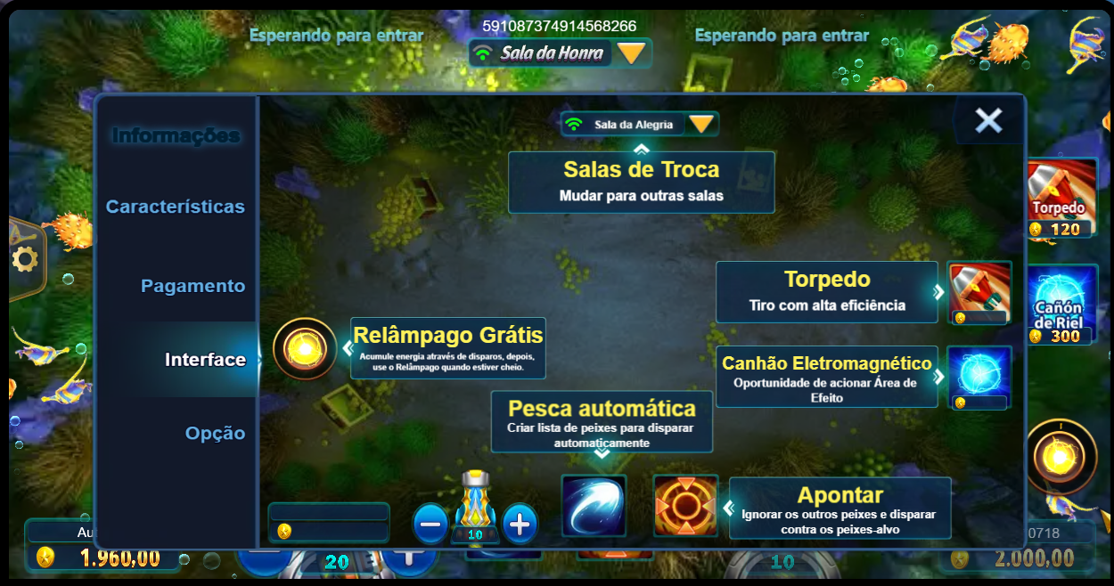 Guia da interface do Mega Fishing com destaques para os controles de aposta, o canhão e o medidor de saldo.