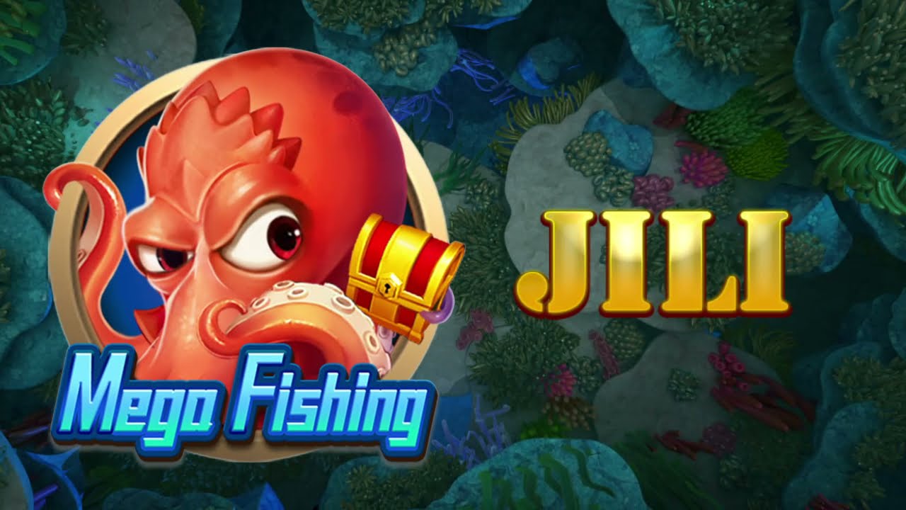 Logo oficial do jogo Mega Fishing da provedora JILI, mostrando um polvo vermelho segurando um baú de tesouro em um fundo de coral.