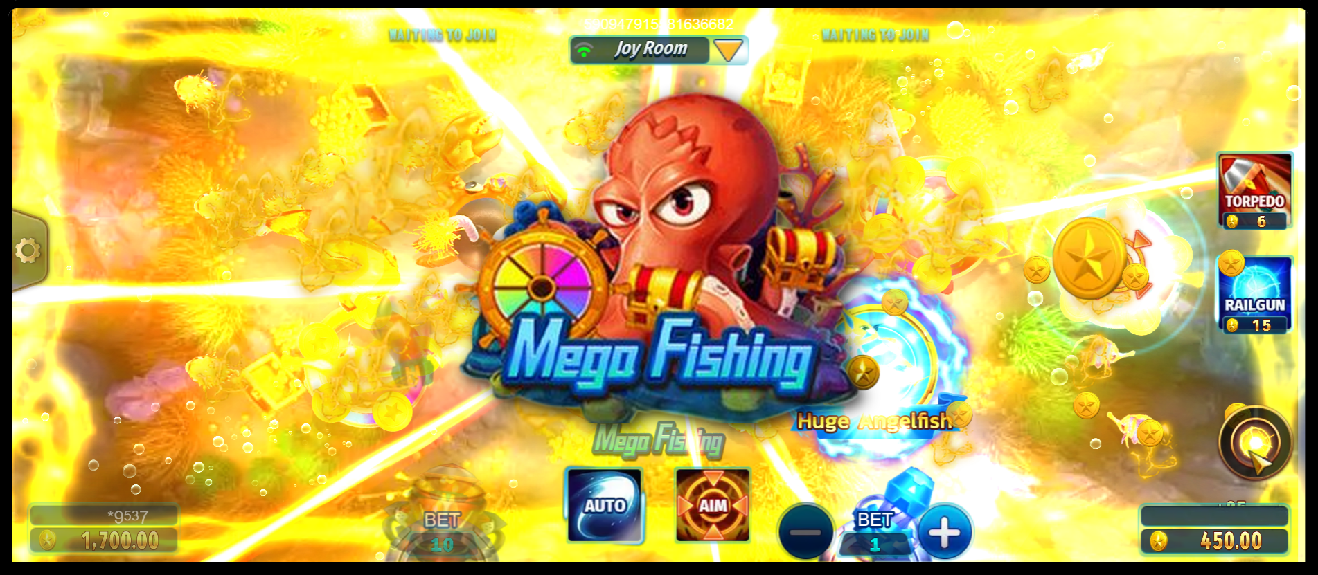 Tela de jogo vibrante do Mega Fishing com canhões atirando em peixes coloridos e moedas de prêmio explodindo.