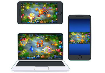 Comparativo do jogo Mega Fishing rodando perfeitamente em um celular e em um computador desktop.