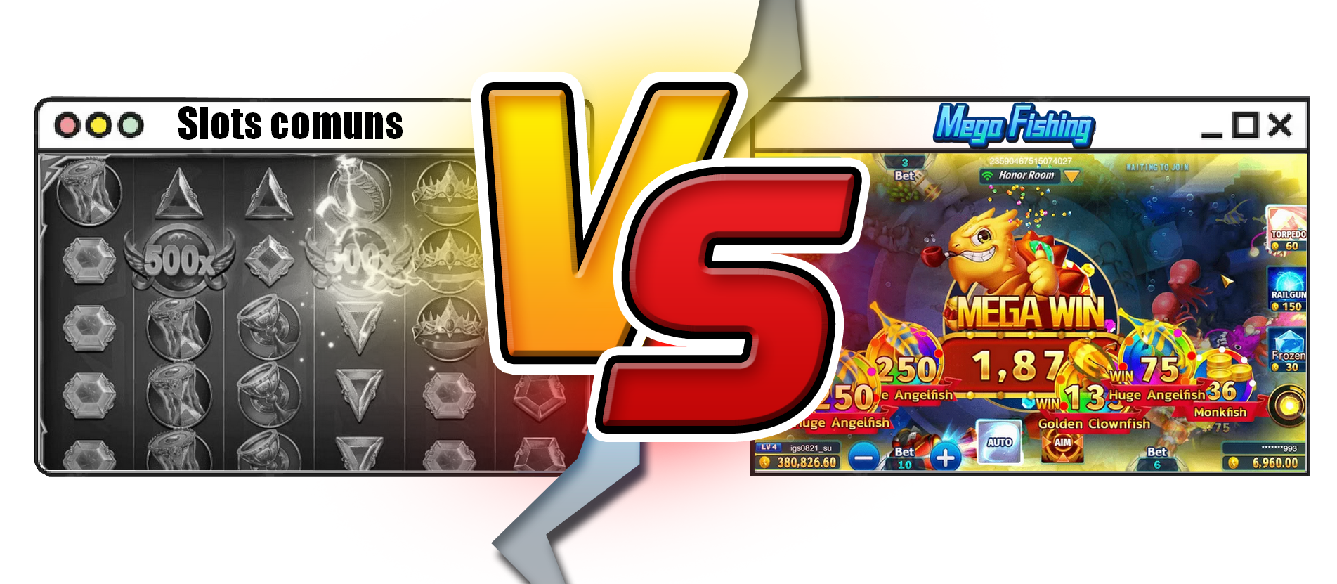Comparativo mostrando a diferença entre um slot tradicional e o jogo interativo de arcade Mega Fishing.