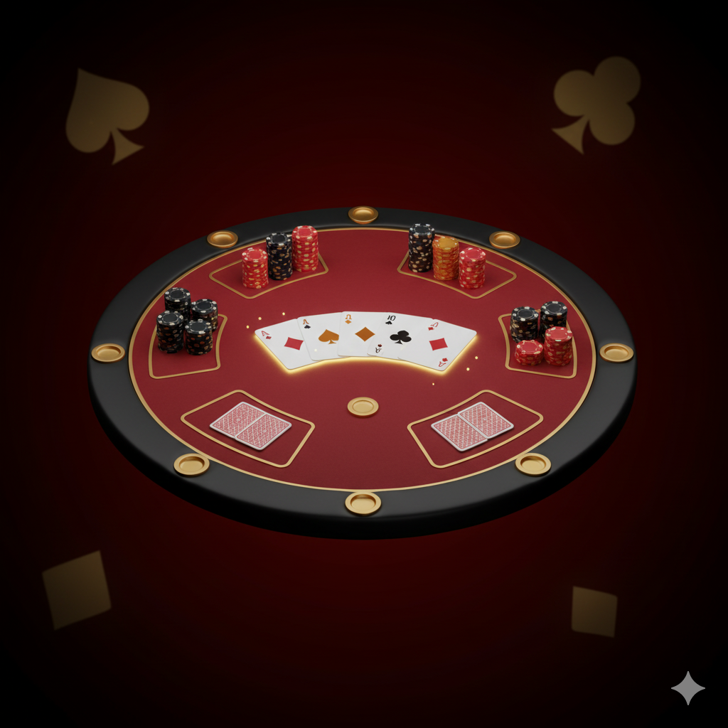 Mesa de poker Texas Hold em com cartas comunitárias reveladas e fichas coloridas em estilo moderno no Royal Casino.