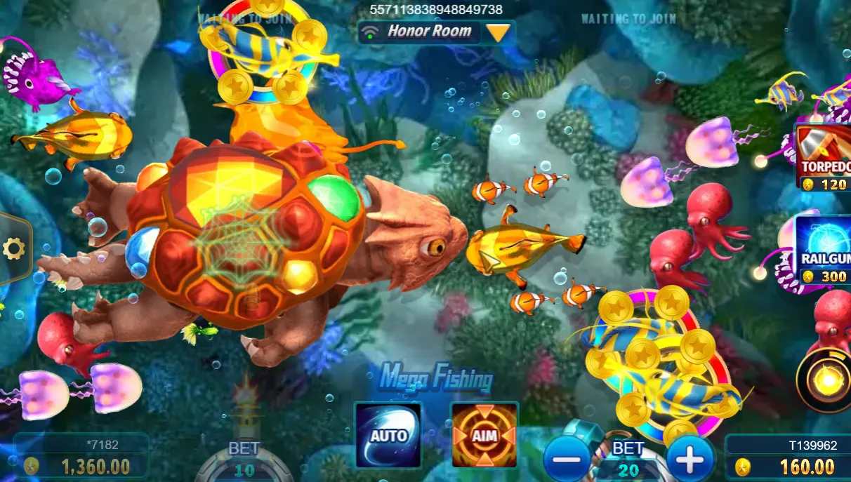 Interface do jogo de pesca Mega Fishing mostrando o canhão do jogador mirando e atirando em uma tartaruga.