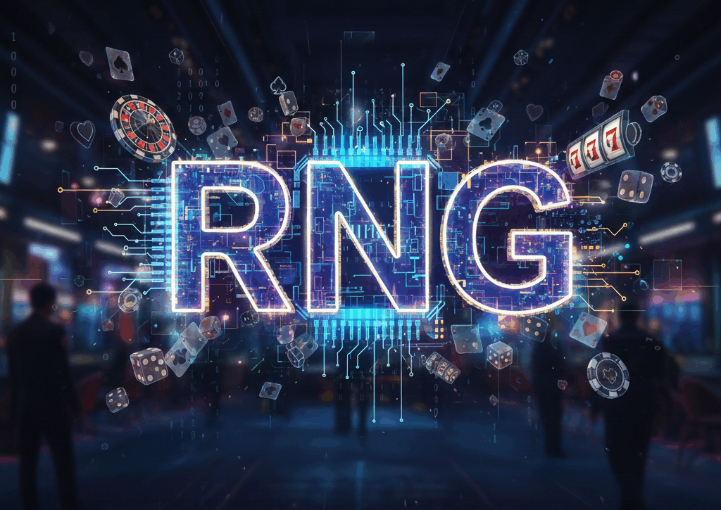 Ilustração digital futurista com a sigla RNG brilhando em neon azul no centro, conectada a circuitos eletrônicos. Ao redor, elementos flutuantes de cassino como dados, cartas de baralho, fichas e rolos de slots representam a aleatoriedade e a tecnologia dos jogos online