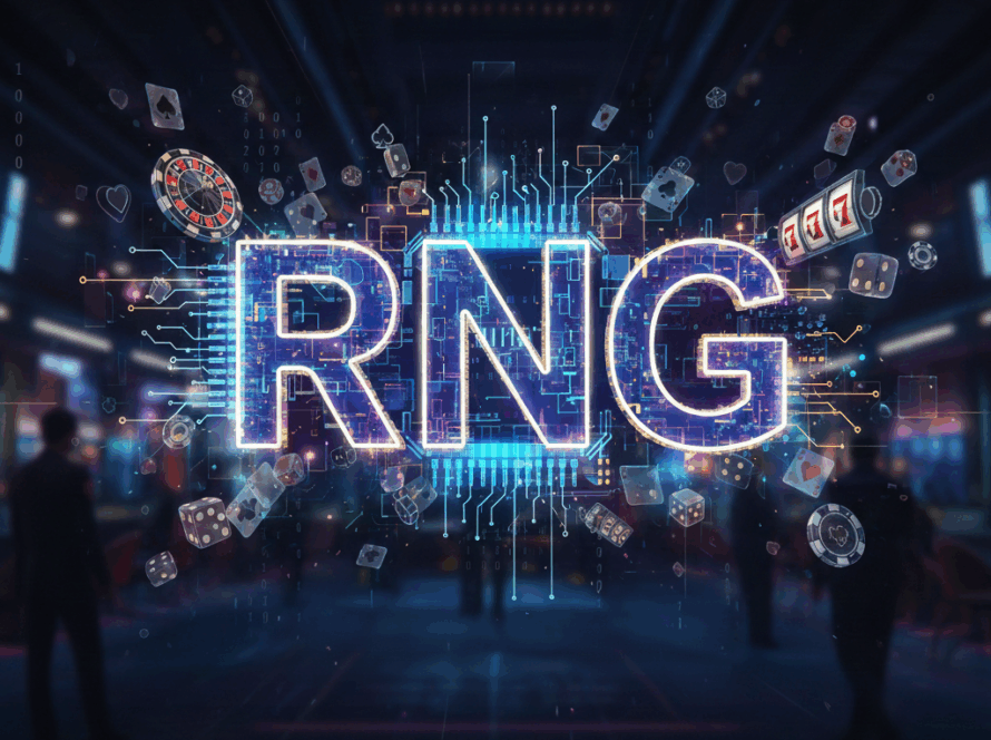 Ilustração digital futurista com a sigla RNG brilhando em neon azul no centro, conectada a circuitos eletrônicos. Ao redor, elementos flutuantes de cassino como dados, cartas de baralho, fichas e rolos de slots representam a aleatoriedade e a tecnologia dos jogos online