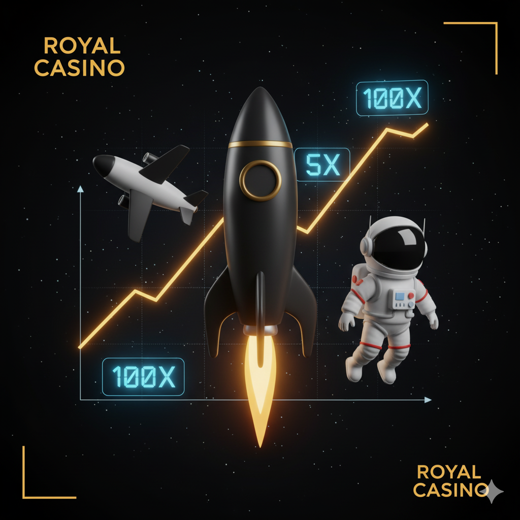 Jogos de crash cassino minimalistas com avião, foguete e astronauta no Royal Casino.