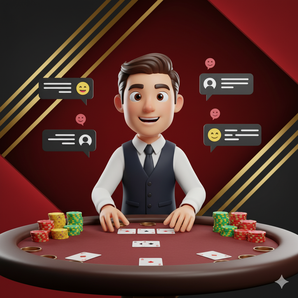 Dealer animado de uma partida de teenpatti poker online em mesa 3D cartoonesca.