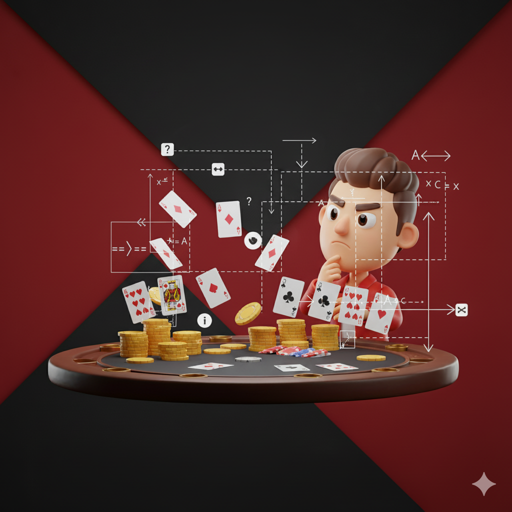 Jogador planejando estratégias vencedoras no teenpatti poker online em 3D cartoonesco.