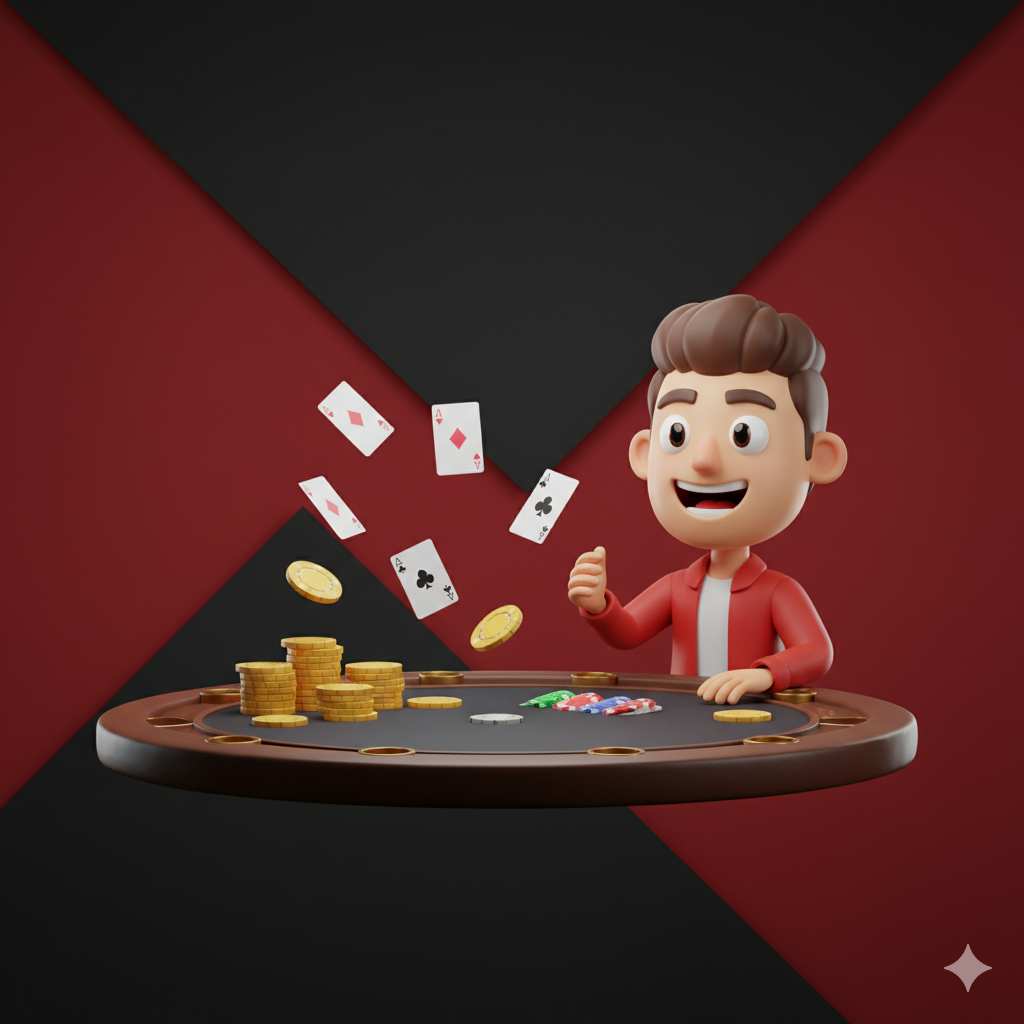 Resumo visual do teenpatti poker online com vitória de jogadores em mesa 3D cartoonesca.