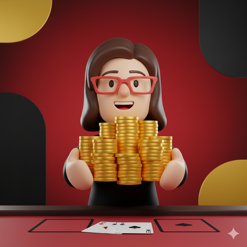 Vitória em Texas Hold em com Royal Flush e fichas douradas no Royal Casino, estilo cartoonesco 3D.