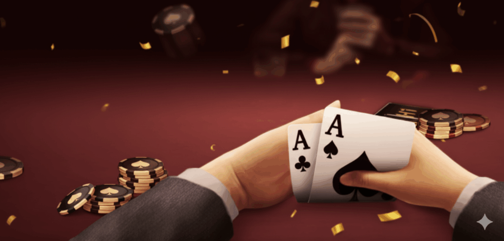 Cartas iniciais AA no Texas Hold em, com fichas de poker douradas e pretas em mesa vermelha do Royal Casino.