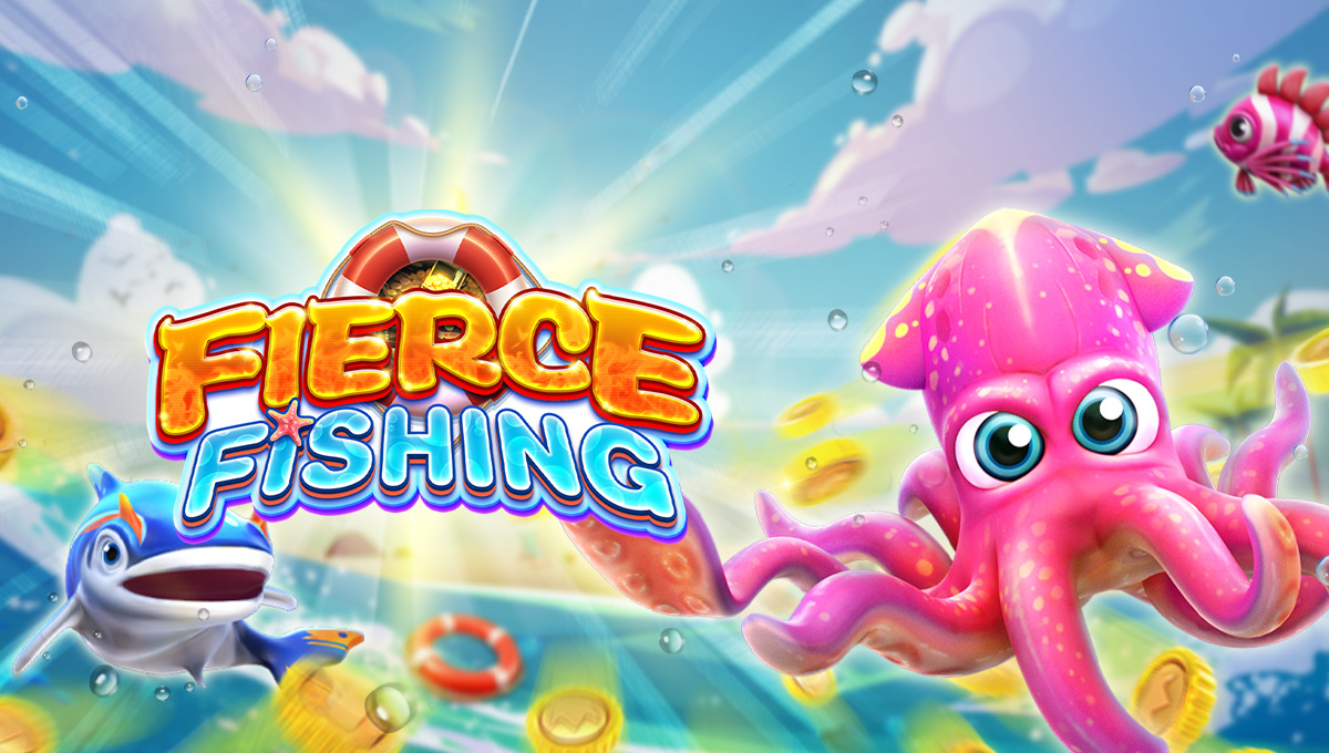 Banner promocional colorido do jogo Fierce Fishing. A imagem mostra o logotipo oficial do jogo em letras laranja e azul brilhantes, acompanhado por uma lula rosa simpática e um peixe azul em um fundo de mar ensolarado, representando a identidade visual do jogo no Royal Cassino.