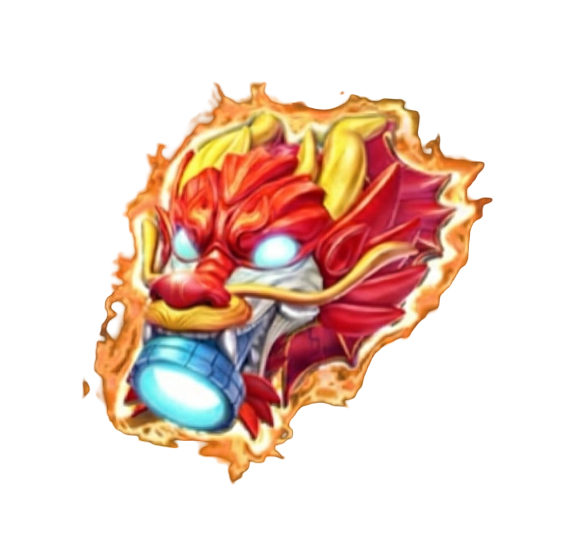 Detalhe do Canhão do Rei Dragão, uma arma dourada e vermelha. Oferece 10X básico e até 99 balas grátis acumuláveis com multiplicadores aleatórios.