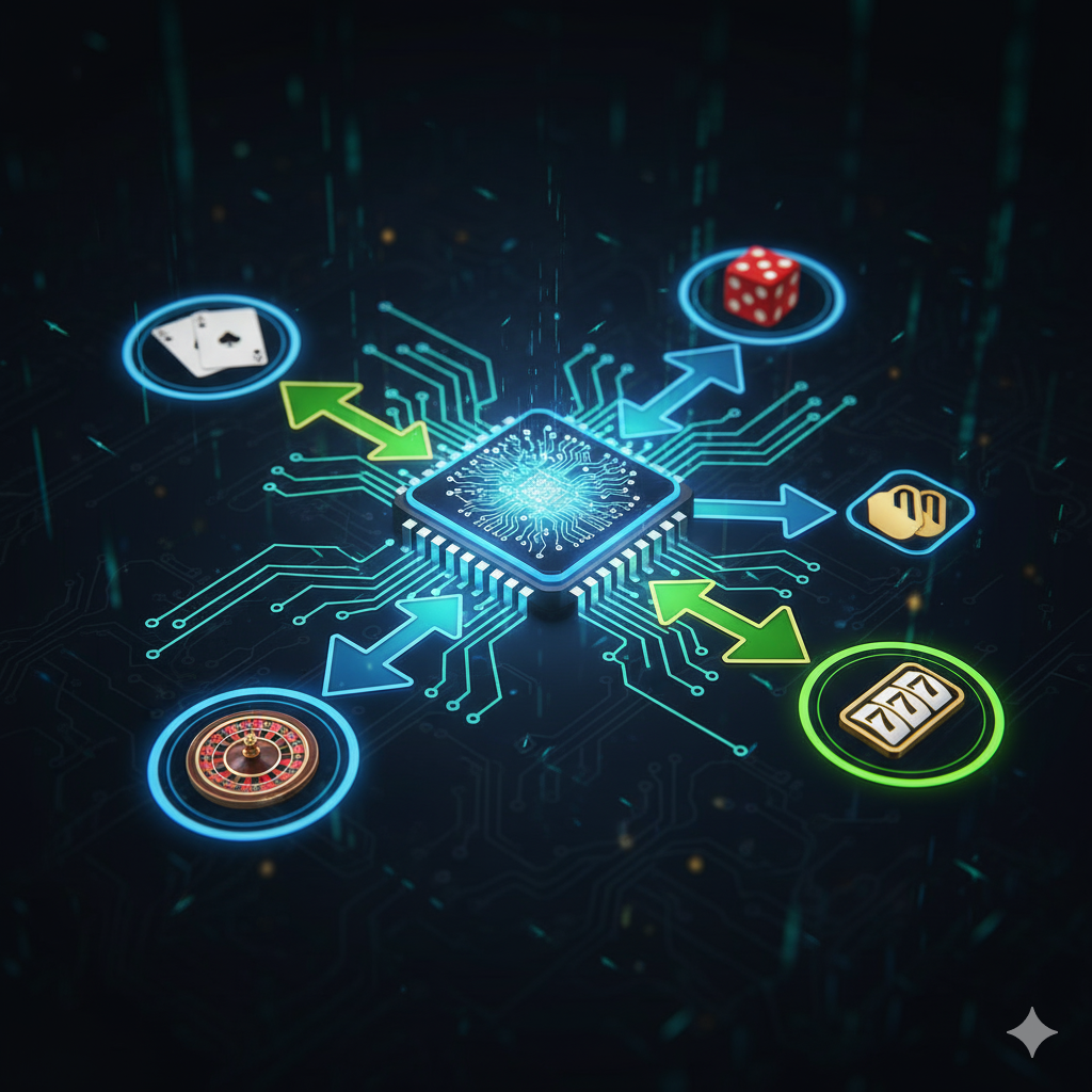Diagrama mostrando como o RNG (Gerador de Números Aleatórios) funciona como o cérebro que controla slots, roleta e jogos de cartas.