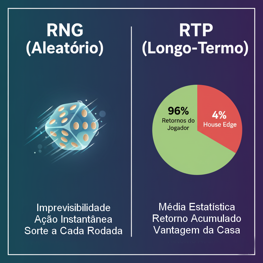 Comparação visual entre RGN (aleatoriedade por rodada) e RTP (retorno ao jogador a longo prazo)