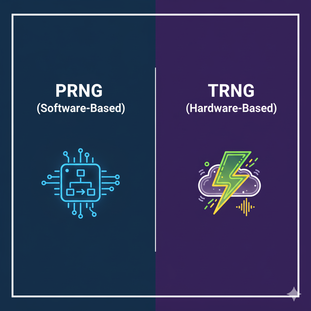 Infográfico comparando o RGN do tipo PRNG (baseado em software) e TRNG (baseado em hardware físico)