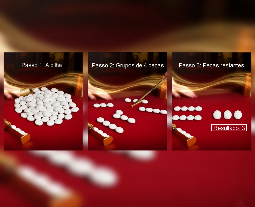 Infográfico explicando o processo de contagem das peças no FanTan, mostrando a separação em grupos de quatro.