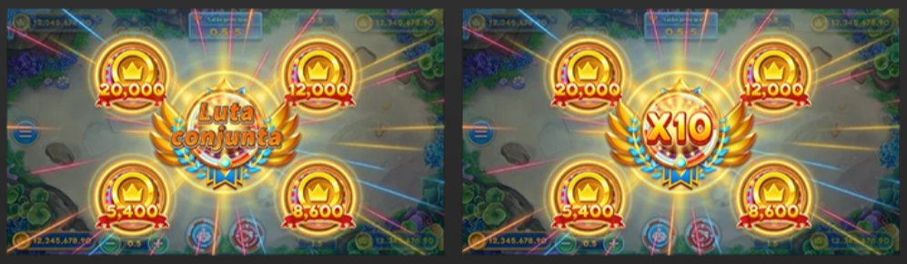 Interface do evento Luta Conjunta, exibindo moedas de ouro e multiplicadores potenciais de 2X, 5X, 10X e o prêmio máximo de 3000X.