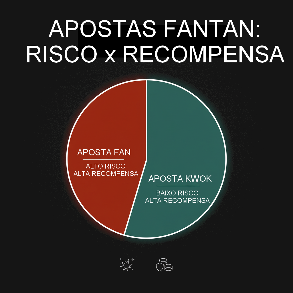 Um gráfico de pizza simples mostrando Risco vs. Recompensa. "Aposta Fan" (Alto Risco, Alta Recompensa) vs. "Aposta Kwok" (Baixo Risco, Baixa Recompensa).